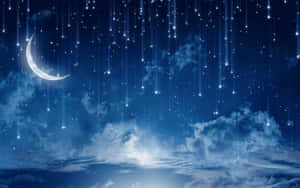 深藍色夜空中新月和流星，伴隨著柔軟的雲層。