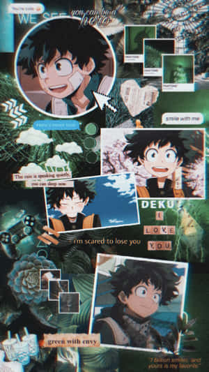 動畫角色 Deku 以多種表情姿勢呈現，搭配勵志語錄和綠色色板。 — BB GIF 壁紙