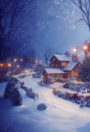 夜晚的雪村，閃爍的窗戶和街燈。