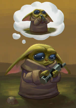 Baby Yoda 手持爆能槍，思想泡泡顯示他在對著麥克風唱歌。 — 寶寶尤達 壁紙