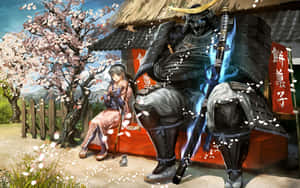 武士和少女在傳統日本商店的櫻花樹下。 — 可愛動漫頭像gif 壁紙