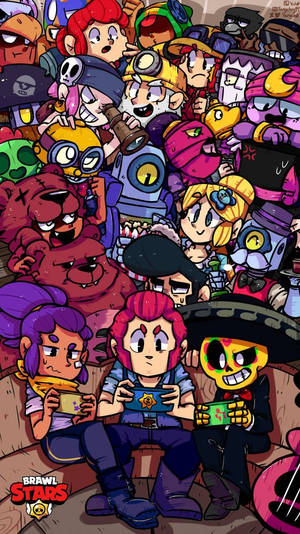 Brawl Stars 角色聚集在色彩繽紛的卡通場景中。
