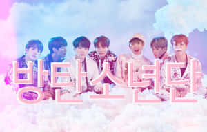 七位 K-pop 偶像坐在雲朵上，帶有韓文文字