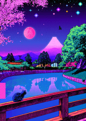 一隻像素藝術貓在橋上，看著粉紅色月亮和星空下發光的池塘。