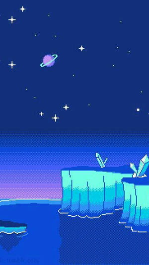 在星空下帶有紫色行星的像素化外星懸崖