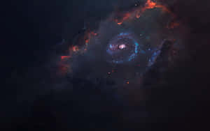 一個充滿活力的螺旋星系，在深空中有紅色和藍色的雲團。