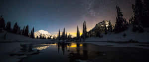 冰凍的湖面在黑暗的天空下反射出星星和雪山。