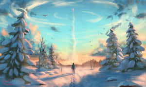 一個人在日落時分獨自走在冬季森林的雪徑上。