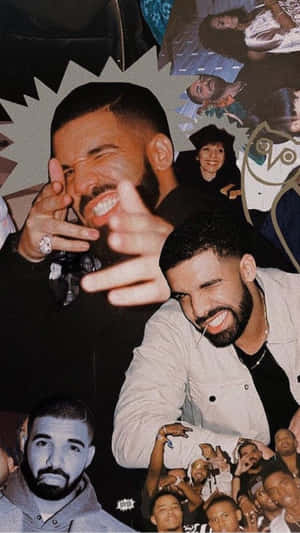 Drake與粉絲和流行文化元素微笑擺姿勢的拼貼畫。