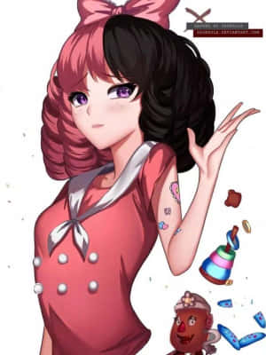 動漫女孩，粉紅和黑色頭髮，穿著紅色水手裙，被漂浮的玩具包圍。