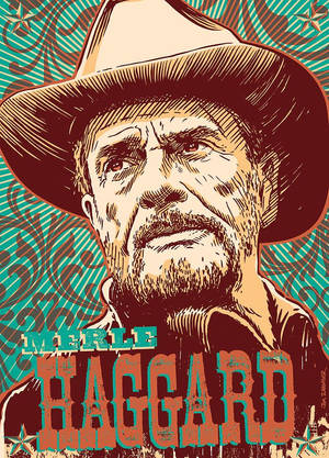 Merle Haggard 肖像插圖，帶有粗體文字和旋轉背景。