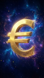 金色歐元符號在色彩繽紛的星空背景中發光。