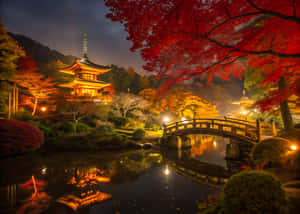 夜晚點亮的日本寺廟，秋樹和水上的石橋