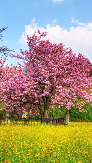 藍天下黃色花田中的一棵粉紅色櫻花樹。 — 9:16 壁紙