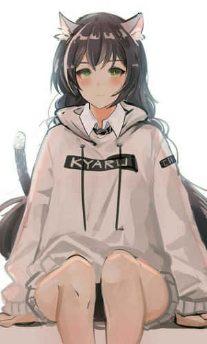 有貓耳朵和尾巴的動漫女孩穿著連帽衫。