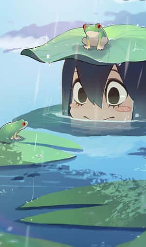 動漫女孩在荷葉下的水中，青蛙在雨中