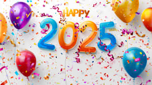 色彩繽紛的氣球和五彩紙屑慶祝2025年新年。 — 5120x2880 壁紙