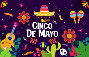 快樂的 Cinco de Mayo 節日插圖，包含樂器和傳統符號。 — 墨西哥 GIF 壁紙
