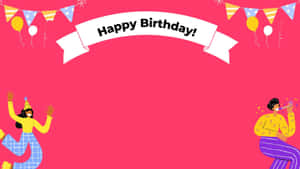 兩個卡通人物用氣球和橫幅慶祝生日。