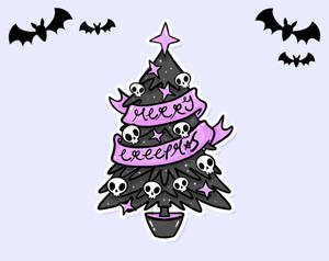 一棵黑色聖誕樹，有骷髏頭和紫色星星，裝飾著「merry creepmas」橫幅和飛翔的蝙蝠。