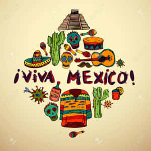 節日墨西哥文化符號以心形排列，帶有「¡Viva Mexico!」文字。