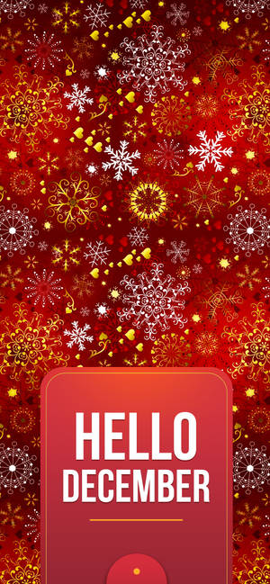 紅色和金色雪花圖案，帶有「Hello December」賀卡。 — 十二月 GIF 壁紙