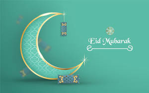 青綠色背景上新月和燈籠的Eid Mubarak祝福。