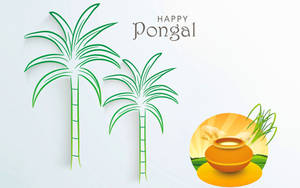 Happy Pongal節日插圖，有棕櫚樹和一個米飯鍋。 — 簡約 壁紙
