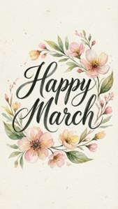 優雅草書的 'Happy March' 文字，周圍環繞著水彩風格的粉紅色桃花和綠葉。