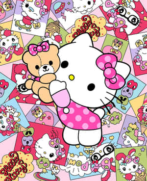 Hello Kitty 在彩色卡通拼貼畫中抱著泰迪熊。