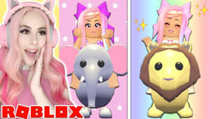粉紅髮貓耳女孩微笑著，旁邊是騎著大象和獅子的Roblox虛擬角色。