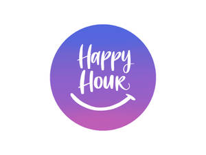 紫色漸變圓圈上帶有微笑箭頭的Happy Hour標誌。