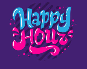 紫色背景上，粗體藍色和粉紅色的「Happy Hour」文字，帶有節日水滴。
