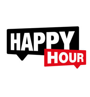 黑色和紅色對話氣泡中的 Happy Hour 文字