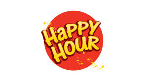 Happy Hour 標誌，帶有粗體黃色文字和紅色圓形上的潑濺效果。