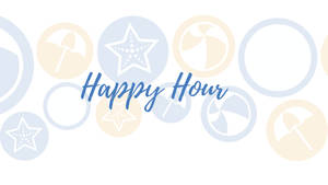 粉彩圓圈內有沙灘圖案嘅Happy Hour文字
