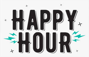 淺灰色背景上帶有青綠色閃電和加號的Happy Hour文字。