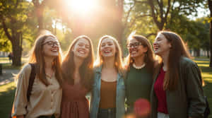 五位微笑的年輕女性一起站在陽光明媚的公園中，身後有樹木和金色的光芒。 — 老友記 壁紙