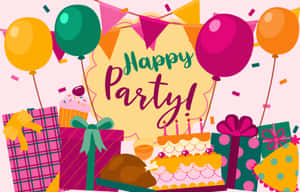 生日派對，有蛋糕、氣球、禮物和五彩紙屑，在Happy Party橫幅下。