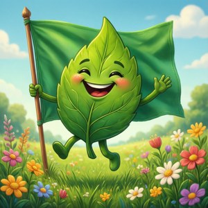 一個微笑的樹葉角色在花田裡奔跑，手持一面綠旗。