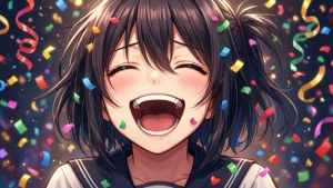 動漫女孩在五彩紙屑飄落時大笑。