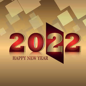 在幾何背景上帶有紅色和金色3D數字的Happy New Year 2022圖形。