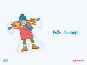 一個微笑的女孩穿著冬裝在雪中跳舞，帶有Hello January文字。