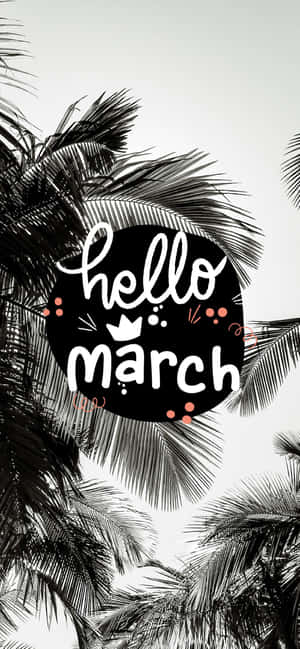 棕櫚葉框住一個黑色圓圈，上面有白色文字寫著 hello march 和粉紅色點。