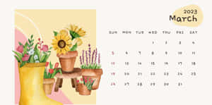 2023年3月盆栽花水彩風格月曆