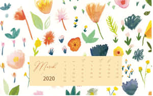 2020年3月月曆，周圍環繞著水彩花卉和葉子。