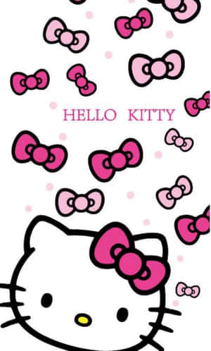 Hello Kitty 戴著粉紅色蝴蝶結，被漂浮的蝴蝶結和圓點包圍。