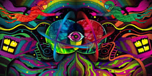 一幅迷幻數碼藝術作品，中央有一隻眼睛，太空人在彩虹漩渦中。