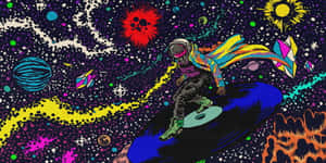 太空人在宇宙波浪上衝浪，在一個充滿色彩繽紛行星和恆星的活力星系中。