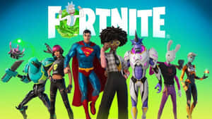 Fortnite 角色包括超人和瑞克·桑切斯在色彩繽紛的場景中一起擺姿勢。